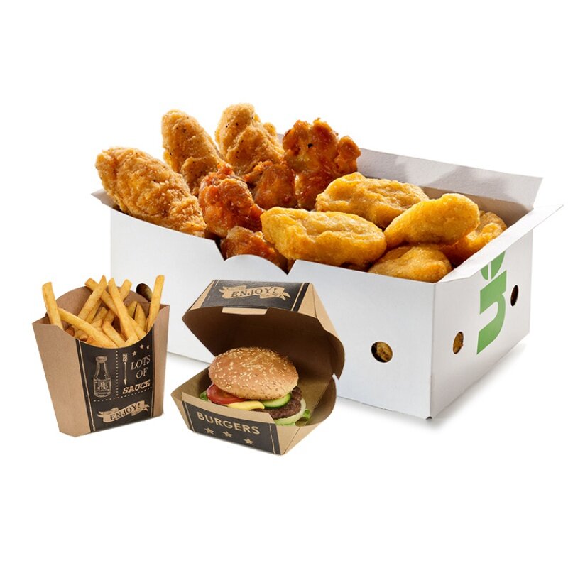 Caja de comida desechable para patatas fritas, caja de pizza de hamburguesa, Papel kraft blanco, producto personalizado impreso a granel, ecológico, 9 ", 12", 16 ", 18"