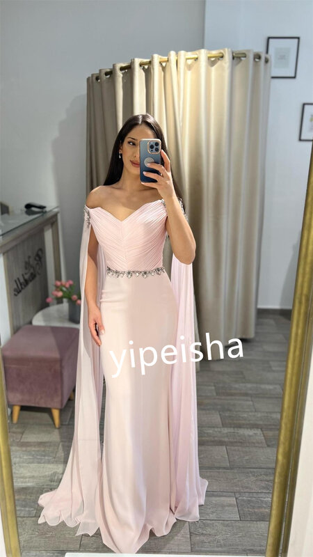 Chiffon Draped Beading Clubbing A-line Off-the-shoulder Bespoke Occasion Gown Long Dresses