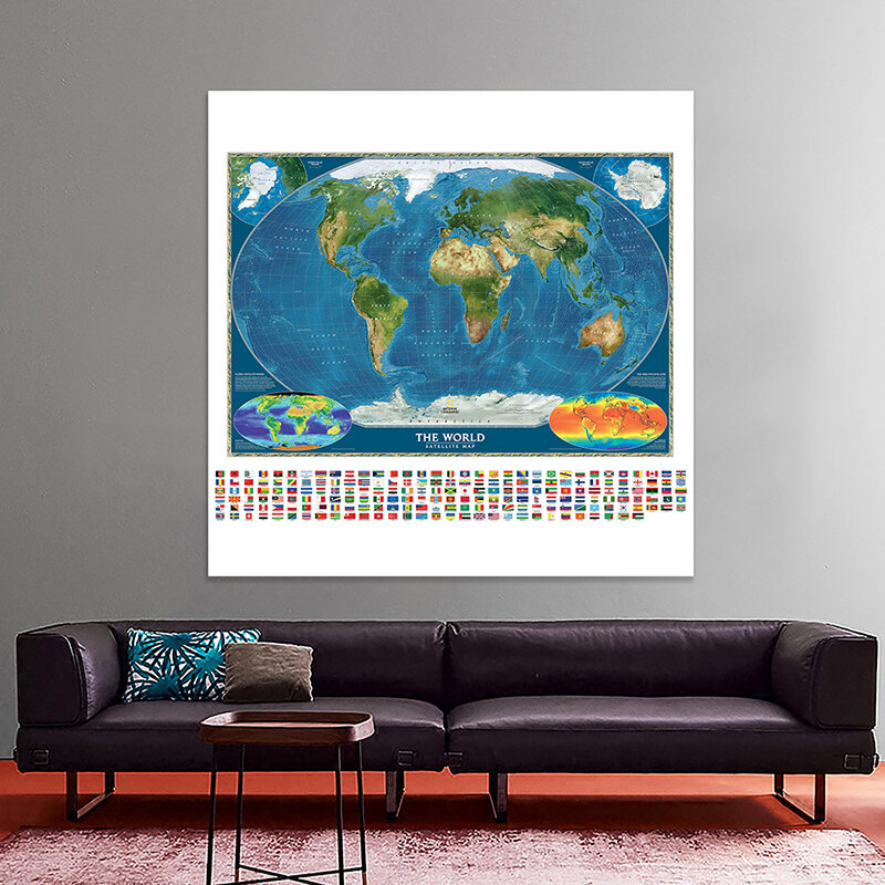 Peta dunia semprotan non-tenun 150X150cm peta satelit dunia dengan bendera negara dan peta suhu permukaan