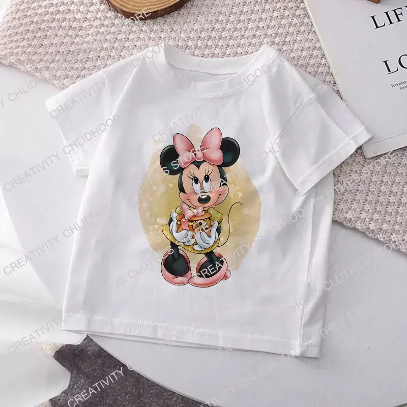 Kaus anak-anak Disney, Atasan Fashion lengan pendek anak laki-laki kasual, baju kartun untuk anak perempuan, kaus Mickey Minnie, imut, baru