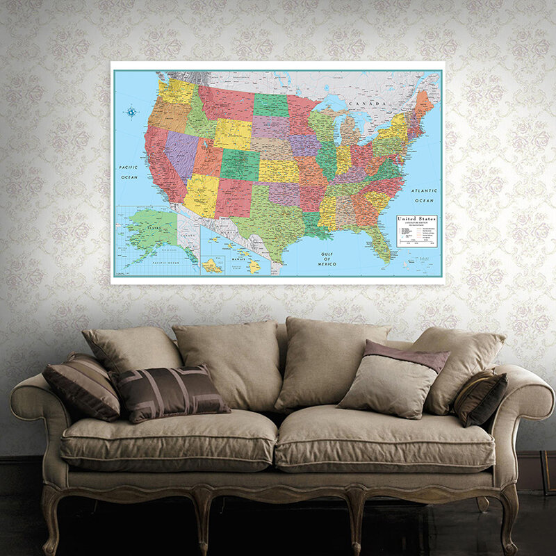 Pegatina de tela no tejida plegable para decoración de pared de habitación, suministros educativos de oficina en inglés, mapa de la administración americana, 120x80cm
