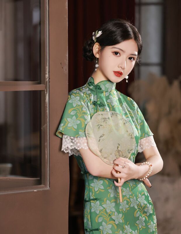 Qipao de manga corta nacional chino, Sexy, largo, abertura alta, Vintage, estampado Floral verde, Cheongsam