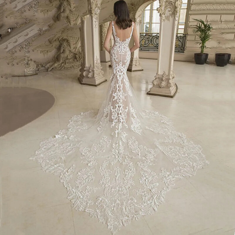Elegant Mermaid Wedding Dresses 2024  V-Neck Spaghetti Straps Lace Open Back Applique Bridal Gown Sweep Train Vestidos De Noiva