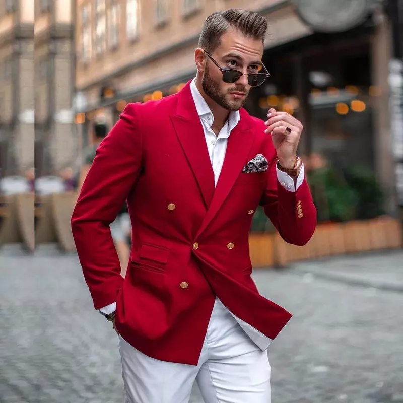 Chaqueta roja y pantalón blanco para Hombre, traje de moda de doble botonadura, Blazer ajustado informal, Conjunto personalizado de 2 piezas de alta calidad