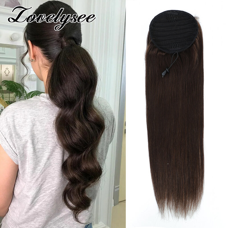 Ponytail Human Hair Extensions With Clip 14-28 Inch Natural Color Straight Human Hair Drawstring Ponytail For Women 60G 90G