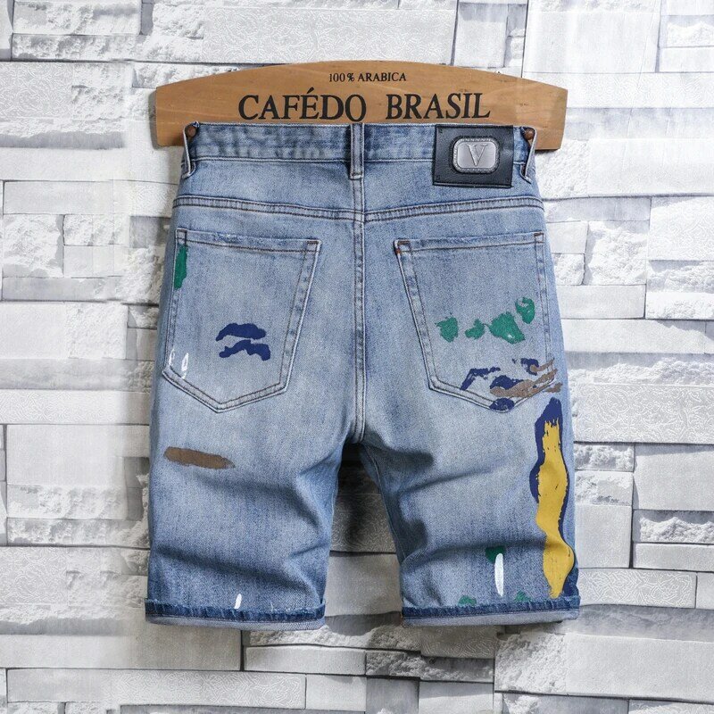 Джинсовые шорты с принтом в американском стиле для мужчин, рваные приталенные эластичные повседневные уличные брюки-карандаш, лето