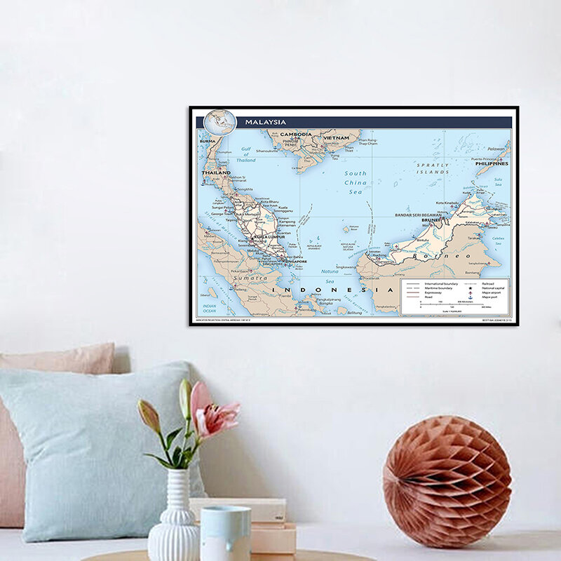 Póster Artístico de pared para sala de estar, póster de mapa de Malasia, sin marco, lienzo no tejido, pintura, decoración del hogar, 84x59cm
