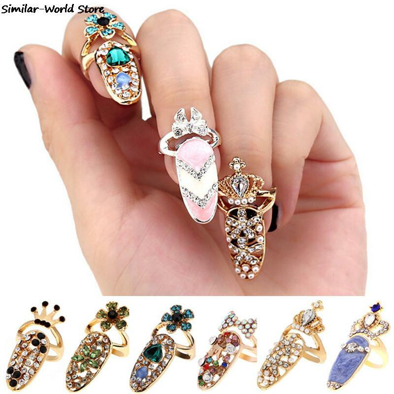 Charme Blume Dame Strass Fingernagel Schutz Fashion Schmuck Bowknot Crown Nagel Ring Kristall Finger Nagel Ringe Für Frauen