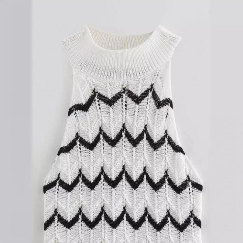 Women's New Striped Neckline Knitted Dress Fashion Casual Party Sleeveless Dress Hanging Neck Sleeveless Striped Plaid Dress