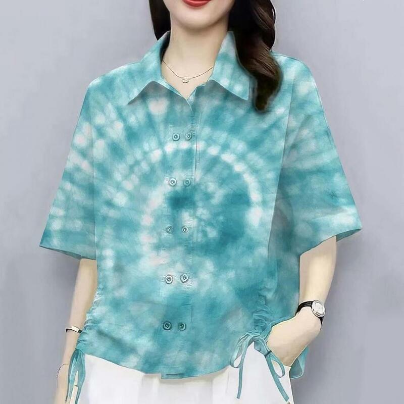 Loose Fit Casual Shirt Stylish Women's Tie Dye Print Shirt with Drawstring Design Casual Lapel Short Sleeve Double for Summer