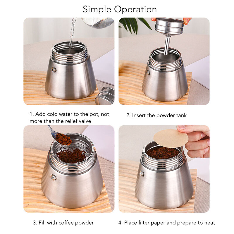 304 Stainless Steel Moka Pot Induction Cooker Coffee Maker 4‑6 Cups Stovetop Coffee Kettle For Home Use