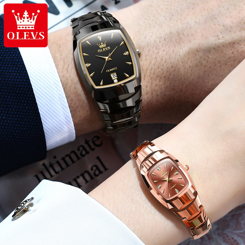 OLEVS jam tangan pasangan baja Tungsten, arloji Quartz olahraga tahan air kalender modis untuk pasangan pria dan wanita