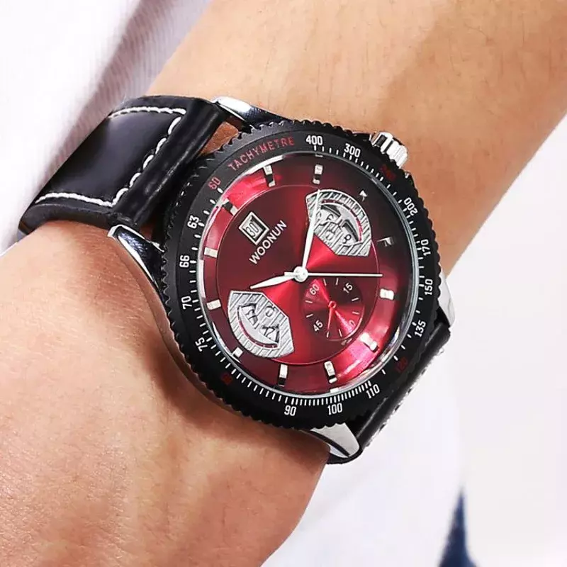 แฟชั่นนาฬิกาข้อมือควอตซ์สายรัดนาฬิกาหนังนาฬิกากีฬาผู้ชายแดง Heren horloge reloj Para hombio masculino