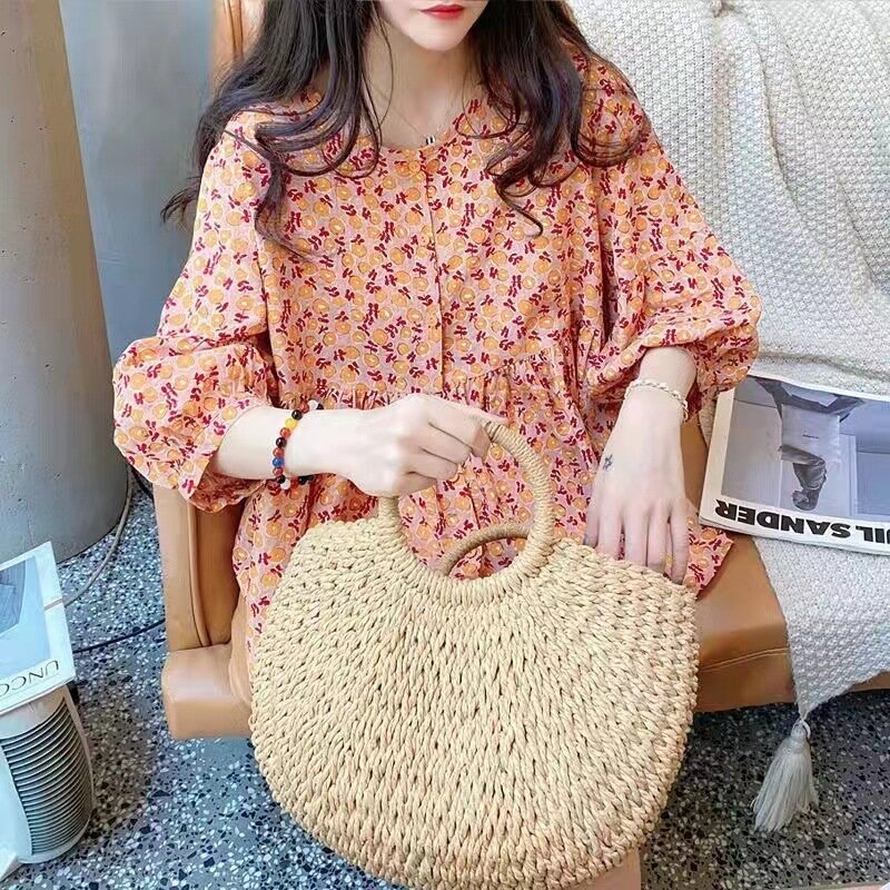 Summer Top New Korean Style Loose Fit Round Neck Single Breasted Sweet Lantern Sleeve Fluffy Floral Print Casual Shirt for Women