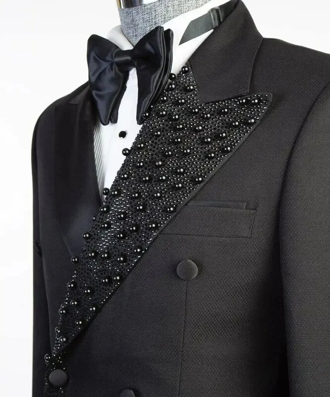 Conjunto de trajes negros de 2 piezas para hombre, Blazer y pantalones de lujo con cuentas de cristal, esmoquin de boda para novio, abrigo de doble botonadura, chaqueta hecha a medida