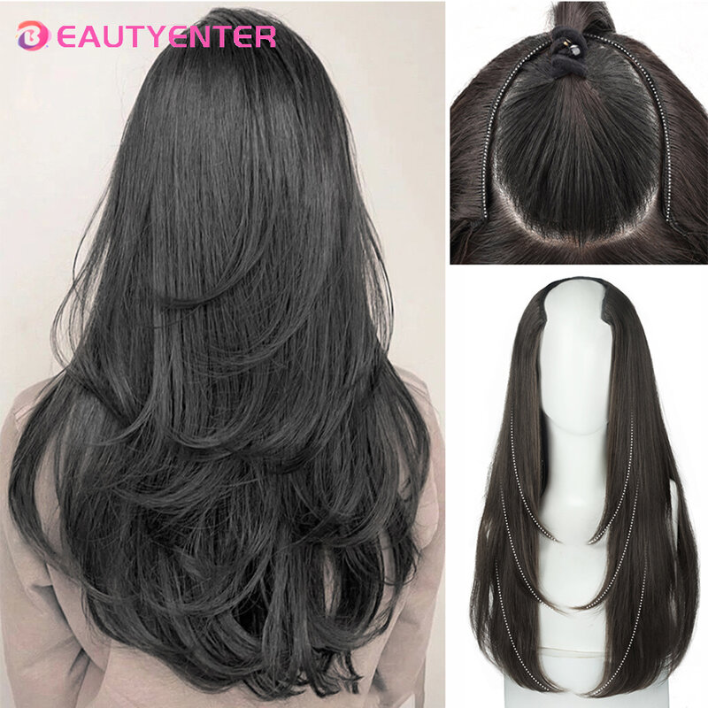 Ekstensi rambut berbentuk U kecantikan rambut sintetis klip lurus panjang ekstensi rambut palsu aksesori rambut Ren hitam untuk wanita