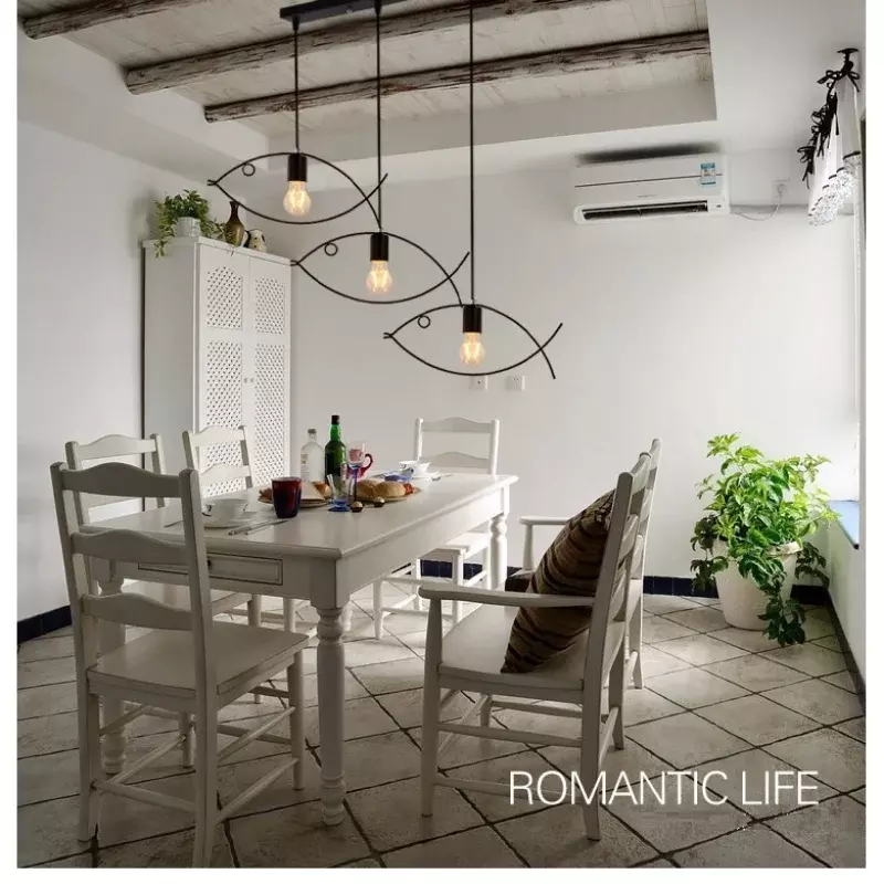 Nowoczesna minimalistyczna w kształcie ryby lampa wisząca kuchenna lampa geometryczne wiszące styl skandynawski oprawy oświetleniowe do domu lampa żelazo Retro