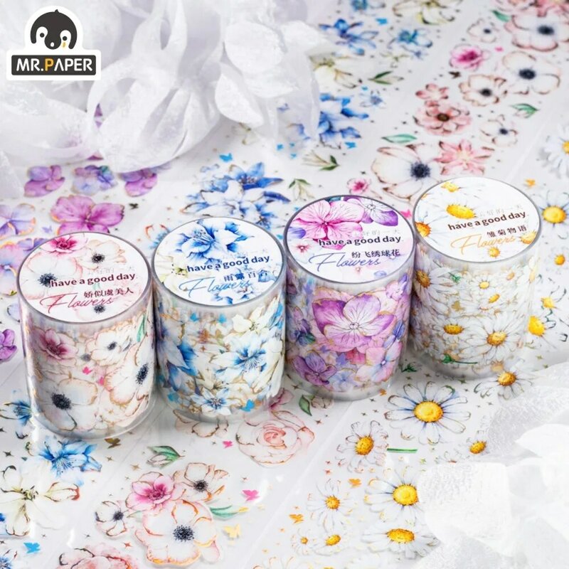 Mr. Paper Beautiful Small Flower Tape INS 3D Flower Laser Gold DIY Decoration Handbook Circulation Decal Stationery 4 Style