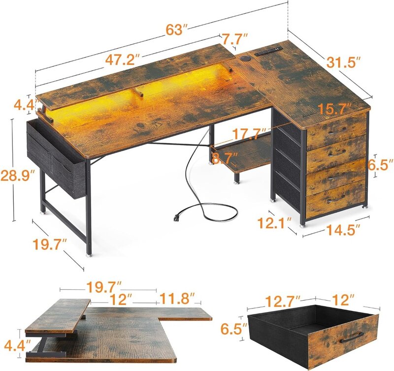 Odk 63 "โต๊ะคอมพิวเตอร์รูปตัว L แบบพลิกกลับได้พร้อมลิ้นชักผ้า4ชั้นโต๊ะเล่นเกมพร้อมไฟ LED และปลั๊กไฟ USB