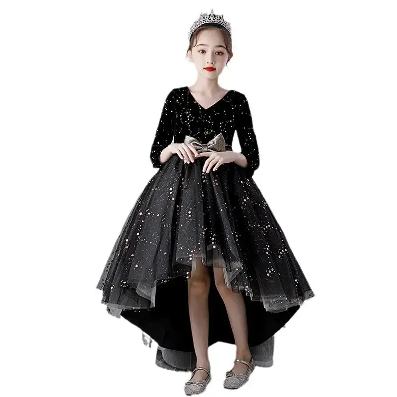 Piano performance flower girl princess nero a maniche lunghe performance per bambini host stage walk dress