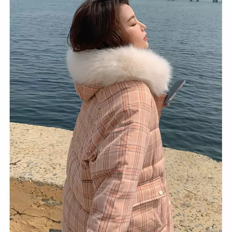 Coreano nuovo abito in cotone a scacchi cappotto in cotone con colletto in lana con cappuccio da donna 2023 inverno giacca da donna calda addensata di media lunghezza