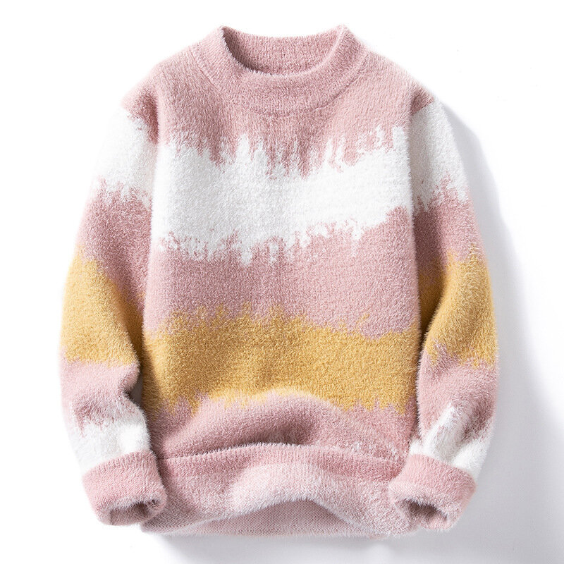 Мужской осенний полосатый свитер из меха норки, теплый свитер в полоску с волнистыми полосками, сочетающийся цвет, 2024