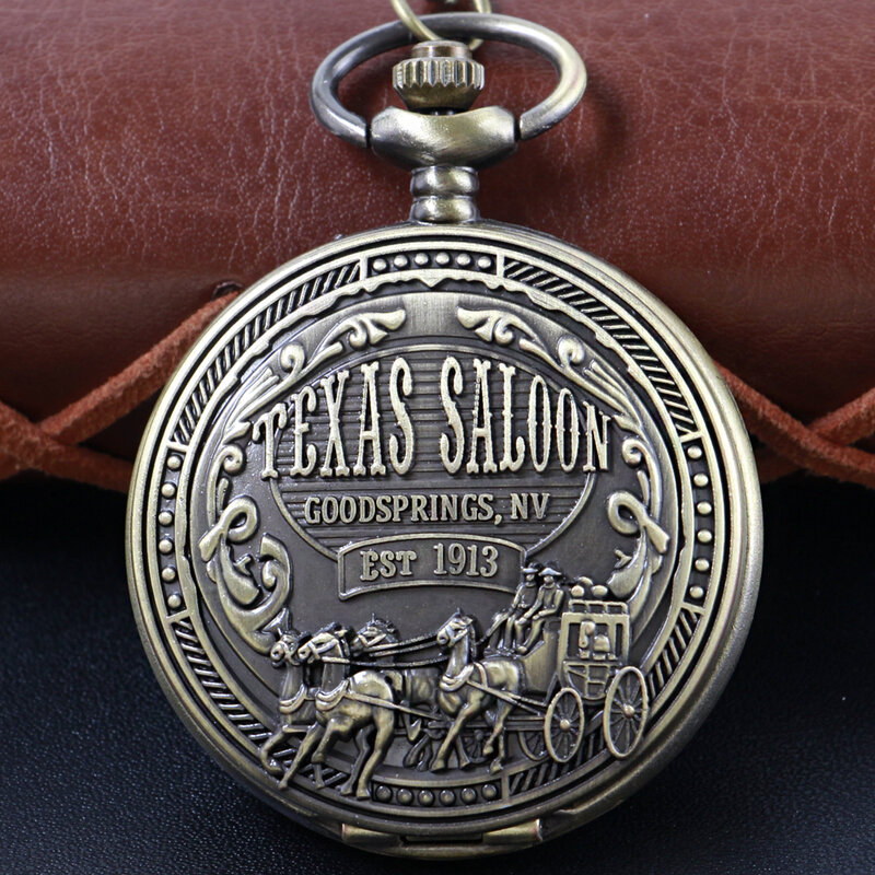 1913 Texas Saloon Western Denim 3D Embossed Quartz Pocket Watch Classic Vintage Fob Chain Necklace Accessories Clock Best Gift
