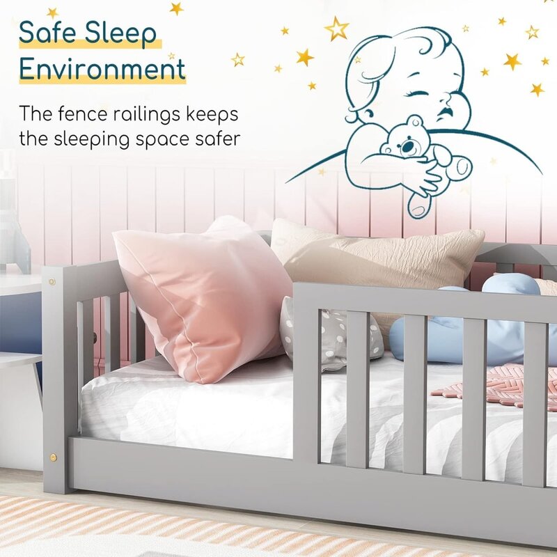 Floor Bed With Safety Guardrails and Door and Slats Kids Bed Frame Twin-Grey Without Door Bases & Frames Children Furniture