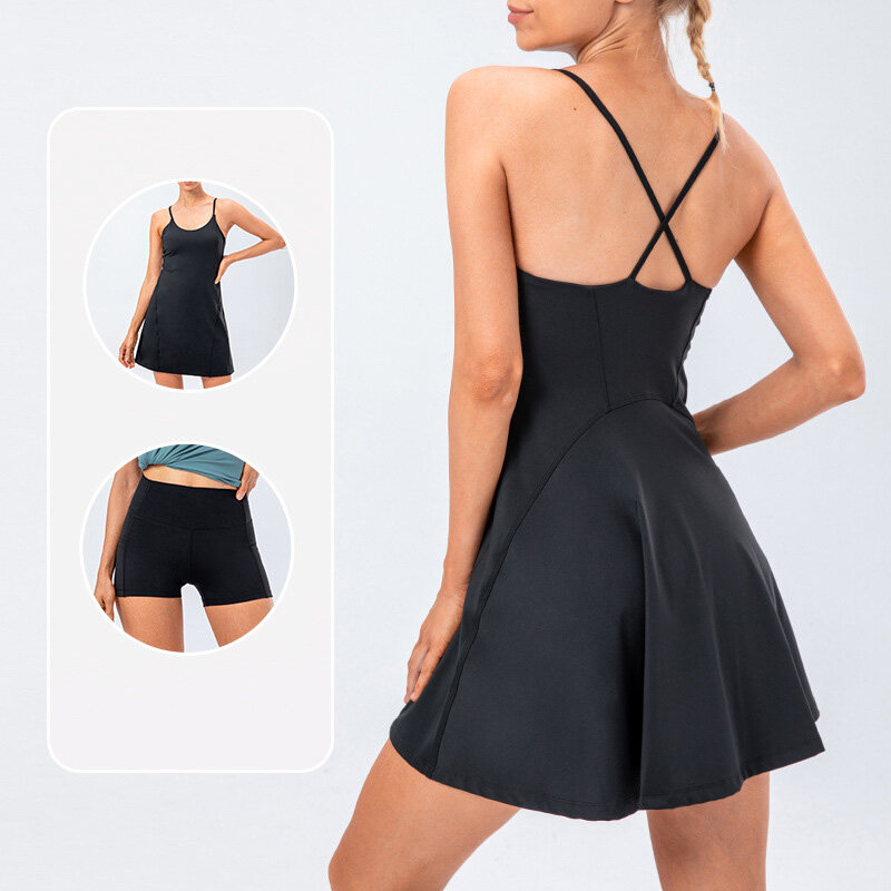 Women Workout Dress Sleeveless Built-In with Bra & Shorts Pocket Athletic Dress for Golf Sportwear Tennis Dress Female Clothing