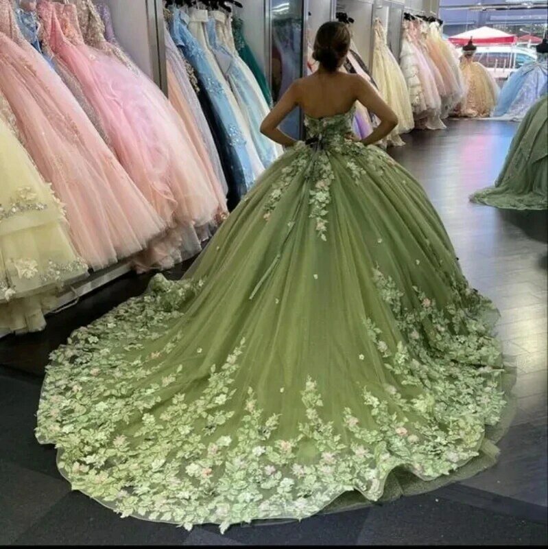 Fashion Lace Ball Gown Quinceanera Dresses Sweet 16 Birthday Party Gowns Applique Ruffles 3D Flower Princess Vestido De 15 Anos