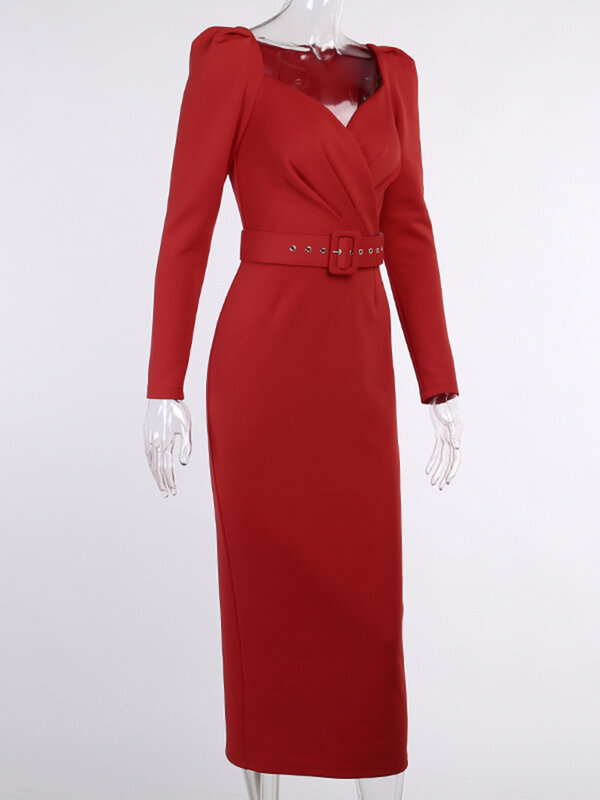 InstaHot Elegante Partei Frauen Kleid Schlank V-ausschnitt Langarm Mittlere Waden Bleistift Kleid 2020 Casual Büro Dame Solide Rot puff Hülse