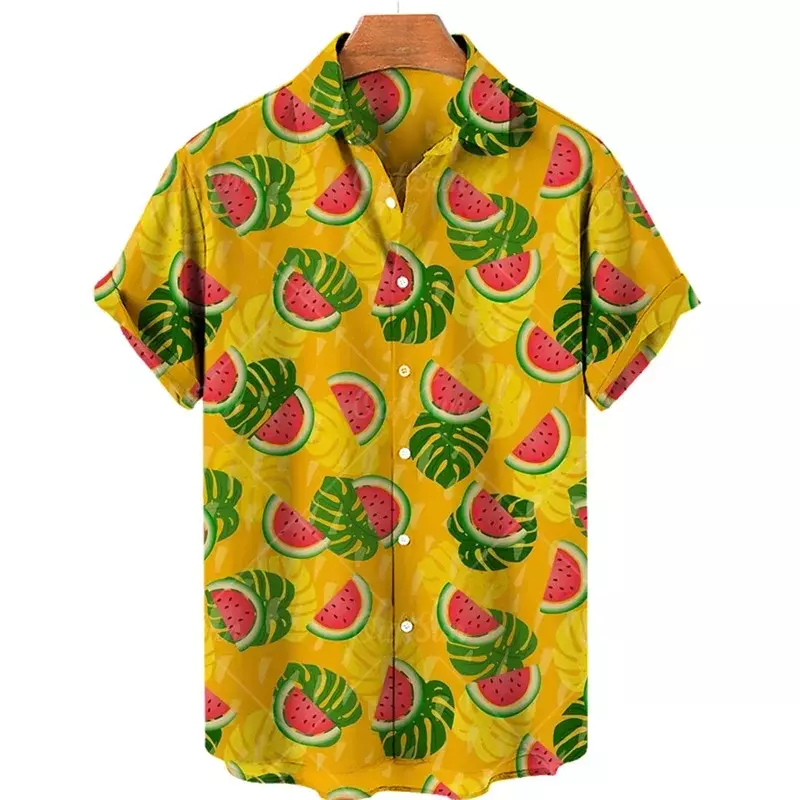 Hawaii kemeja lengan pendek pria, atasan cetakan buah cerah modis dan nyaman ukuran besar longgar