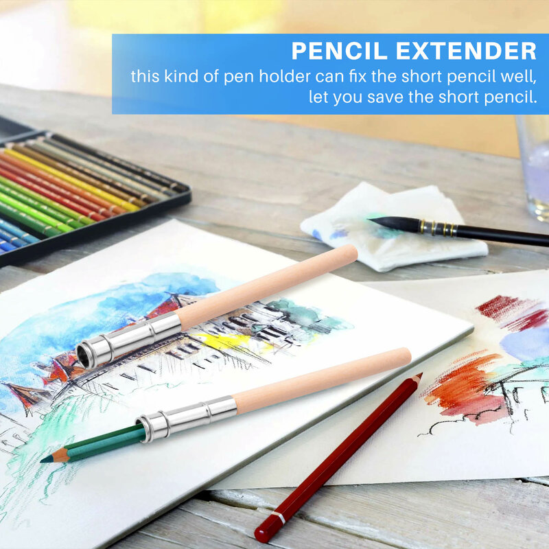 12 Pieces Wooden Pencil Extenders Art Pencil Lengthener Crayon Extension with Aluminum Handle for School Office Supplies