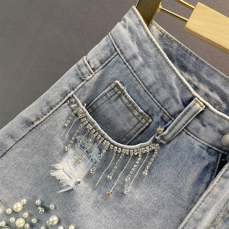 2024 Sommer elegante Shorts Dame Quaste Perlen hohe Taille weites Bein Denim Shorts weibliche lässige Shorts Jeans für Frauen Kleidung