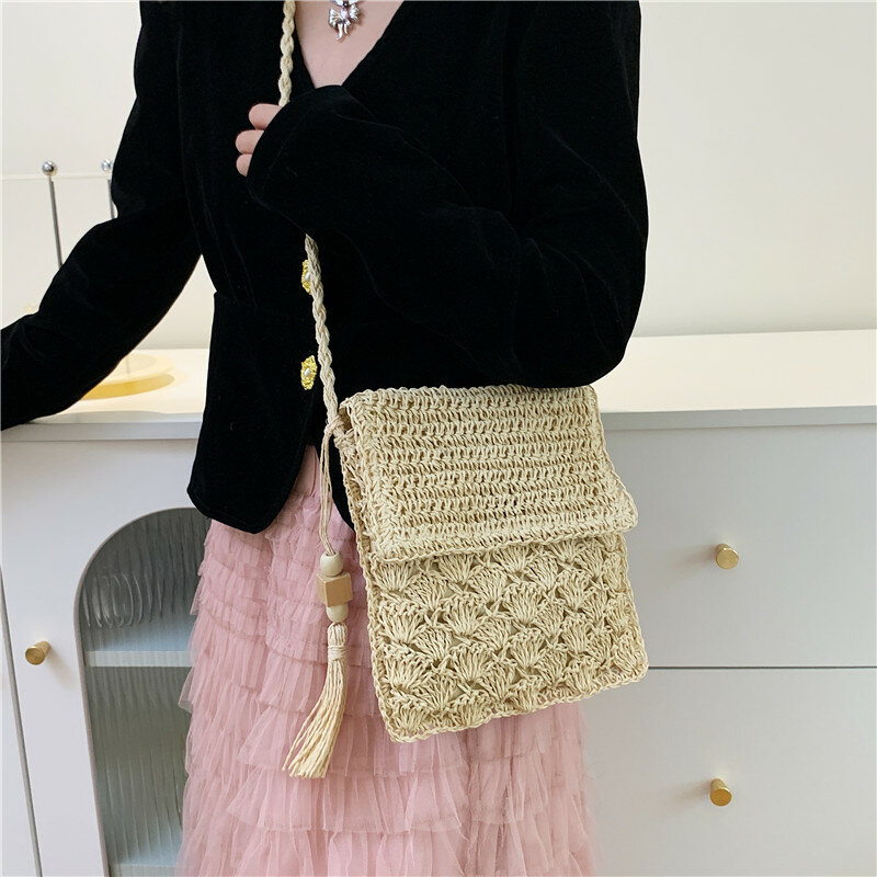 Tas selempang jerami sederhana untuk wanita tas bahu anyaman musim panas dompet belanja tas tangan pantai tas tangan jerami tas perjalanan