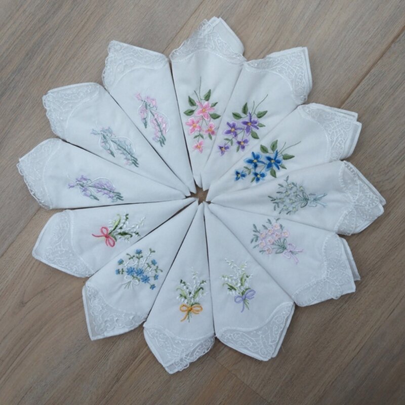 Pañuelo con ribete de encaje de estilo floral de toalla cuadrada bordada suave de algodón de 28 cm