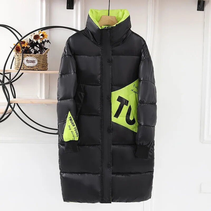 2024 New Winter Down Cotton-Padded Jacket Women Overcoat Korean Color Matching Long Glossy Female Thicke Slim Warm Parker Coats