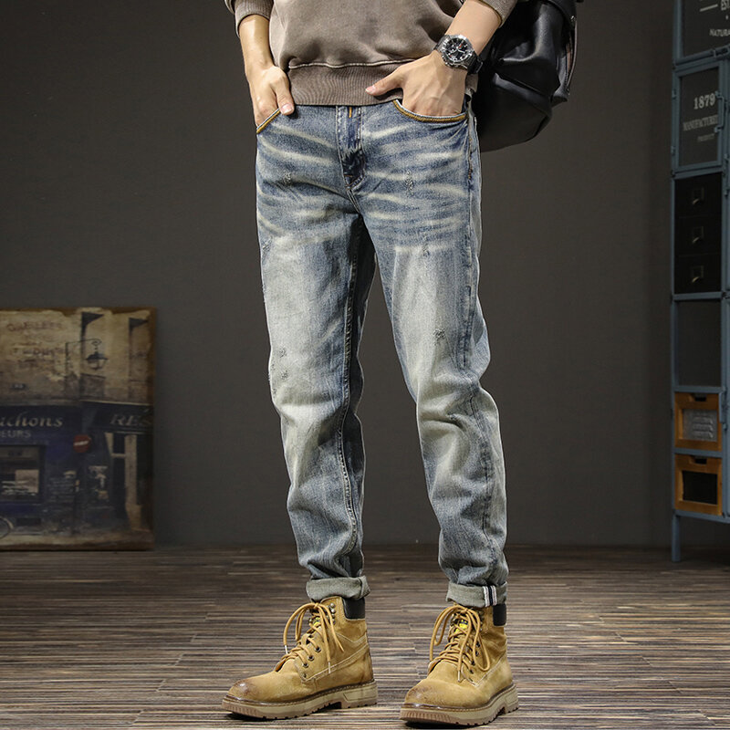 Nowo designerskie modne dżinsy męskie niebieskie w stylu Retro elastyczne Slim Fit porwane jeansy męskie spodnie w stylu Vintage Casual bawełniane spodnie dżinsowe Hombre