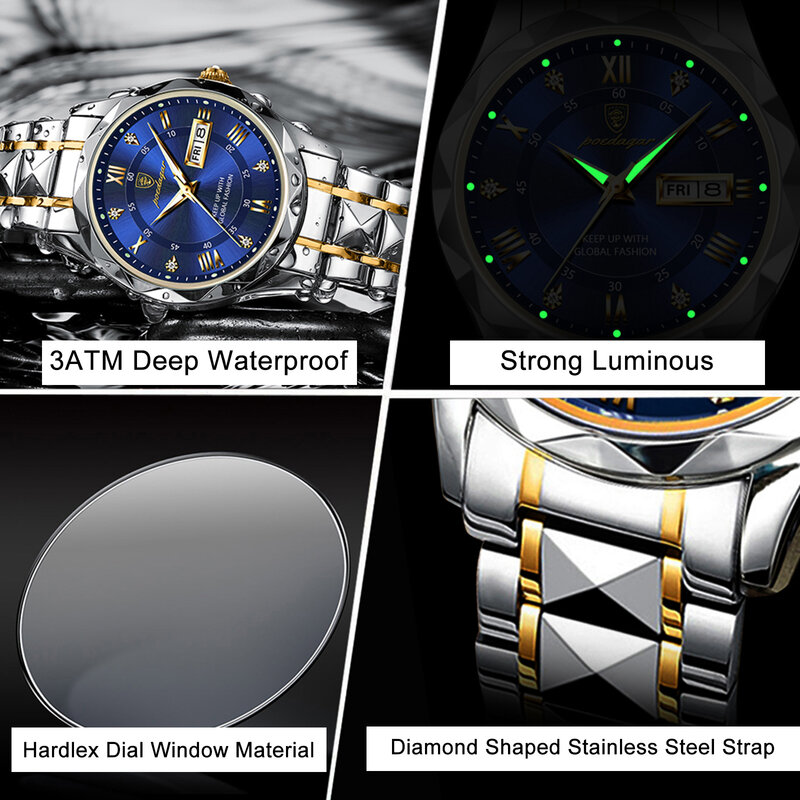 Poedagar top marke luxus mann armbanduhr wasserdicht leuchtend datum woche männer uhren edelstahl quarz herren uhr männlich reloj