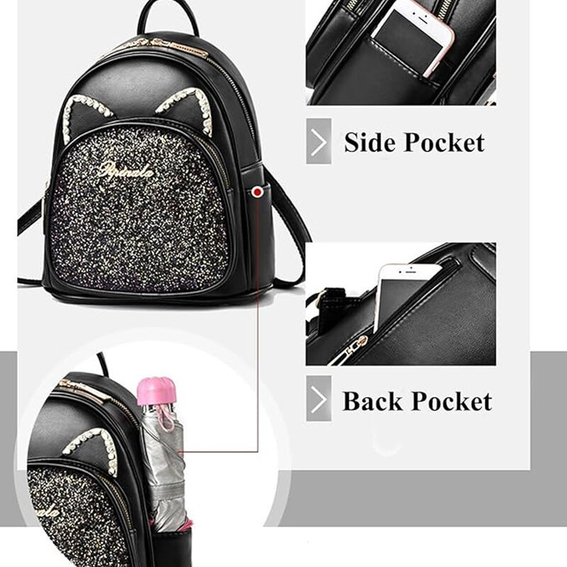 SCOFY-Cute Cat PU Leather Backpack para mulheres, bolsa de lazer, mochila de viagem pequena, mini bolsa, bolsa de lazer
