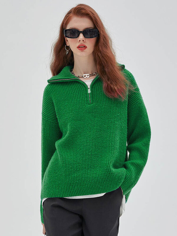 여성용 터틀넥 니트 긴팔 지퍼 스웨터, 회색 패션 풀오버, 느슨한 가을 겨울 스웨터, 2023