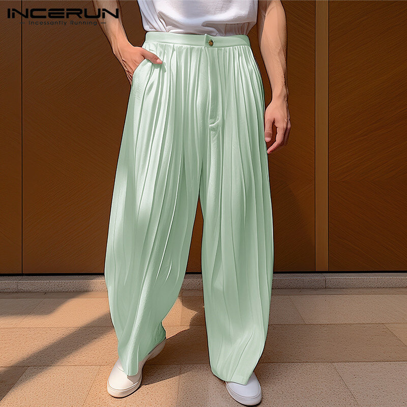 INCERUN Men Pants Solid Color Button Joggers Loose Pleated Casual Straight Trousers Men Streetwear 2024 Fashion Long Pants S-5XL
