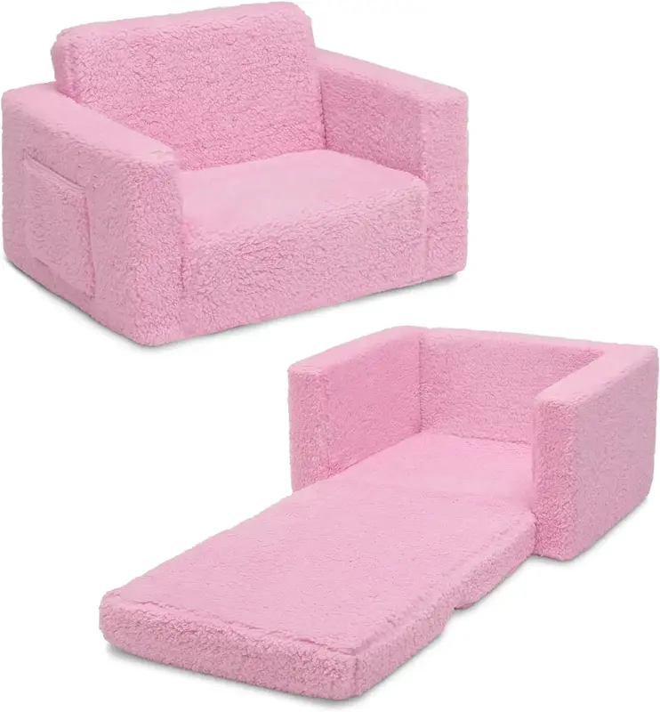 Flip-Out Sherpa 2-in-1 Convertible Chair to Lounger for Kids, Pink
