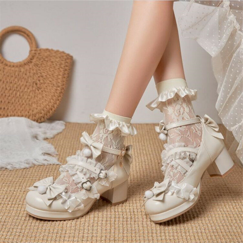 Sepatu Hak Tinggi Wanita Tali Silang Mary Jane Sepatu Pump Pernikahan Pengantin Pernikahan Pengantin Renda Busur Kerutan Manis Cosplay Putri Lolita Shoe29-43