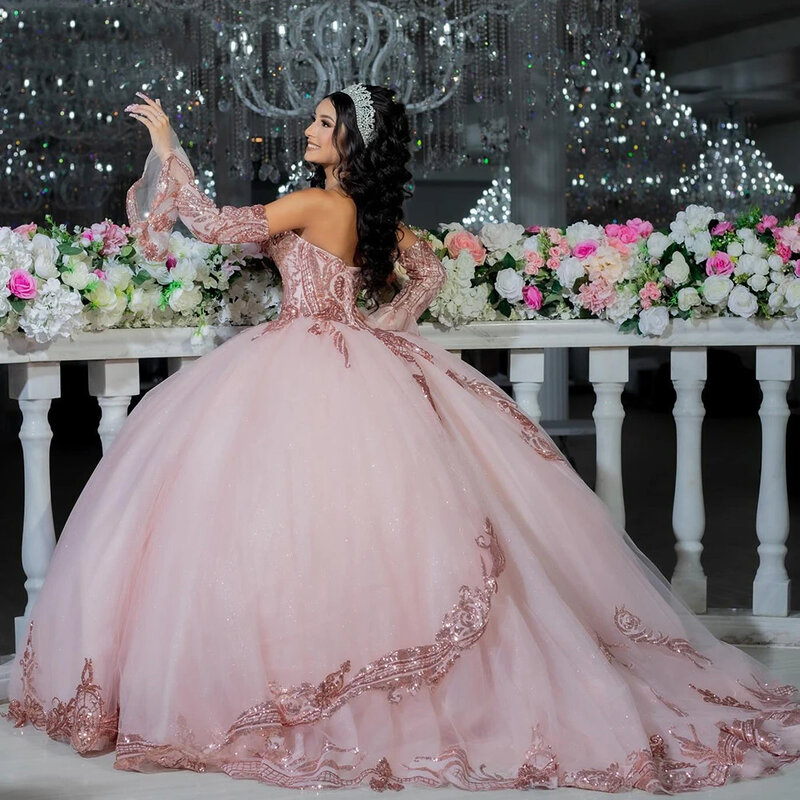 Rose Pink Sweetheart Ball Gown Quinceanera Dresses With Detachable Sleeve Sequined Appliques Lace Corset Vestidos De 15 Años