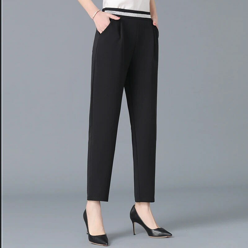 Matka czarne spodnie wiosna lato elastyczne proste spodnie z wysokim stanem kobiet w średnim wieku na co dzień duży rozmiar spodnie do kostek 5XL
