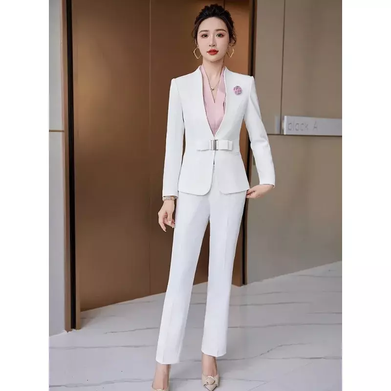Office Ladies Formal Business Work Wear Pant Suit Women White Black Wine Navy Female V-Neck Blazer And Trouser 2 Piece Set