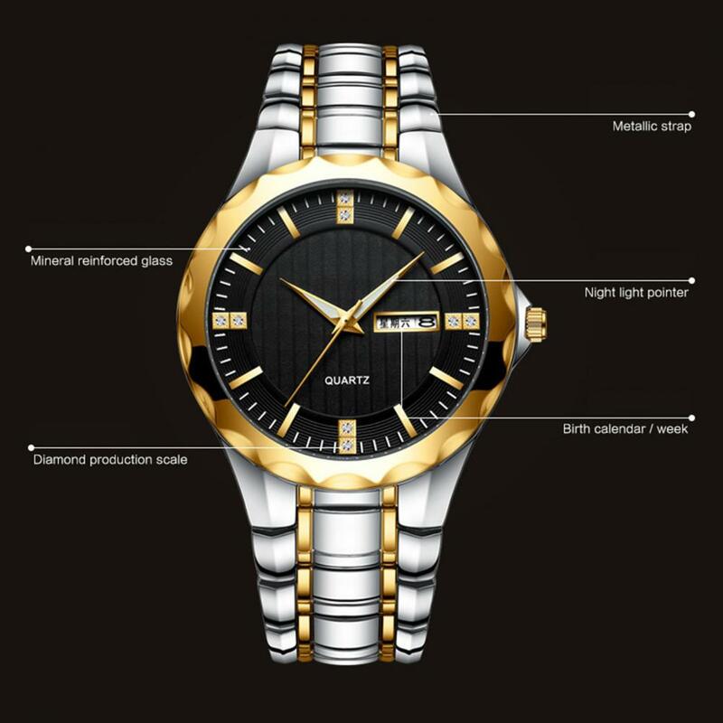 Biznesowy zegarek kwarcowy elegancki męski zegarek biznesowy z podwójną wyświetlanie kalendarza wystrój ze strasu z mechanizmem kwarcowym dla dokładności