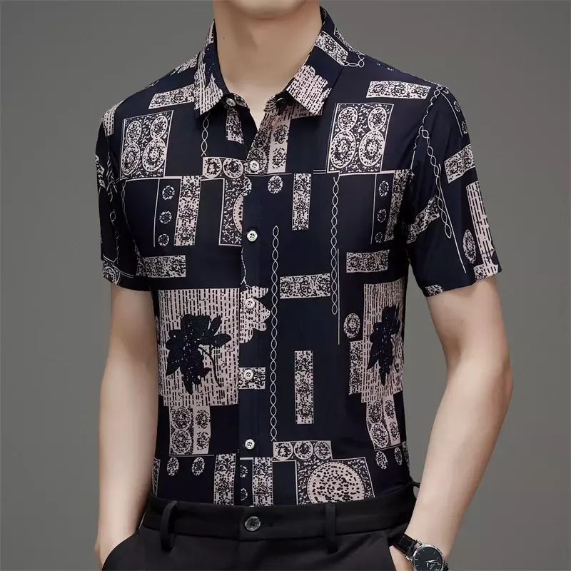 Summer New Ice Silk Short Sleeved Shirt, No Iron, Casual Trend, Fashionable, Men's Loose and Comfortable