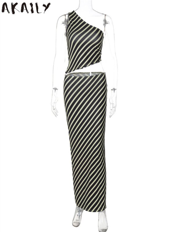 Akaily летний черный полосатый комплект из двух предметов с принтом женская пляжная модель 2024 сексуальный укороченный топ без рукавов на одно плечо юбка комплекты